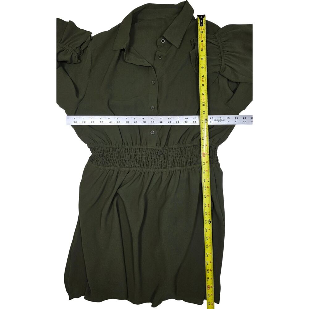 NWT XL Cupshe Button-Front Smocked Waist Long Sleeve Unlined Dress Olive Green - Picture 6 of 11